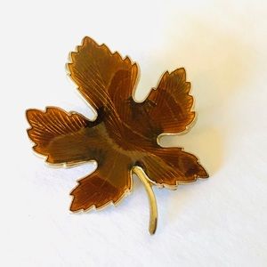 Vintage  Brown Enamel Guilloche Gold Leaf Brooch